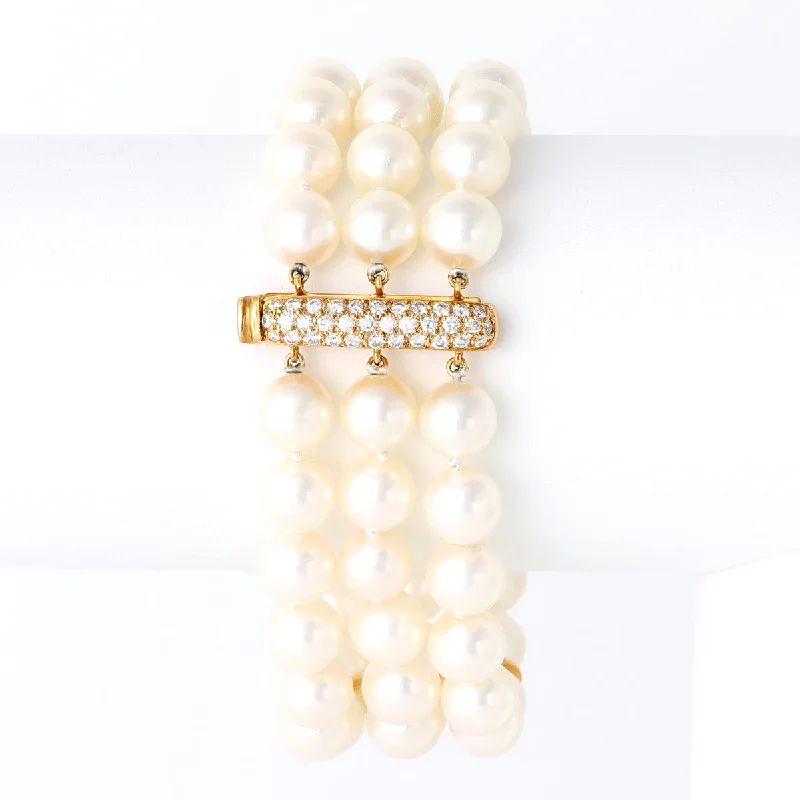 Vintage Pearl Diamond 18k Yellow Gold Three Strand Bracelet