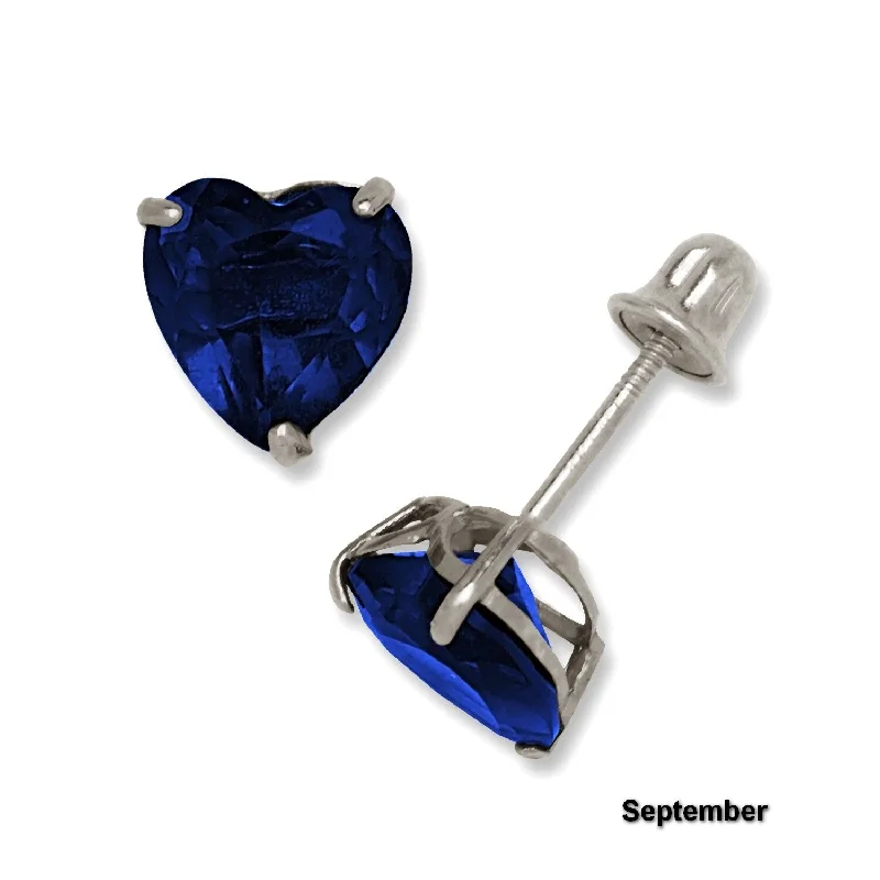 14K White Gold 6mm Heart-shaped Cubic Zircornia Birthstone Basket-Set Solitaire Screw-back Stud Earrings (12 colors)