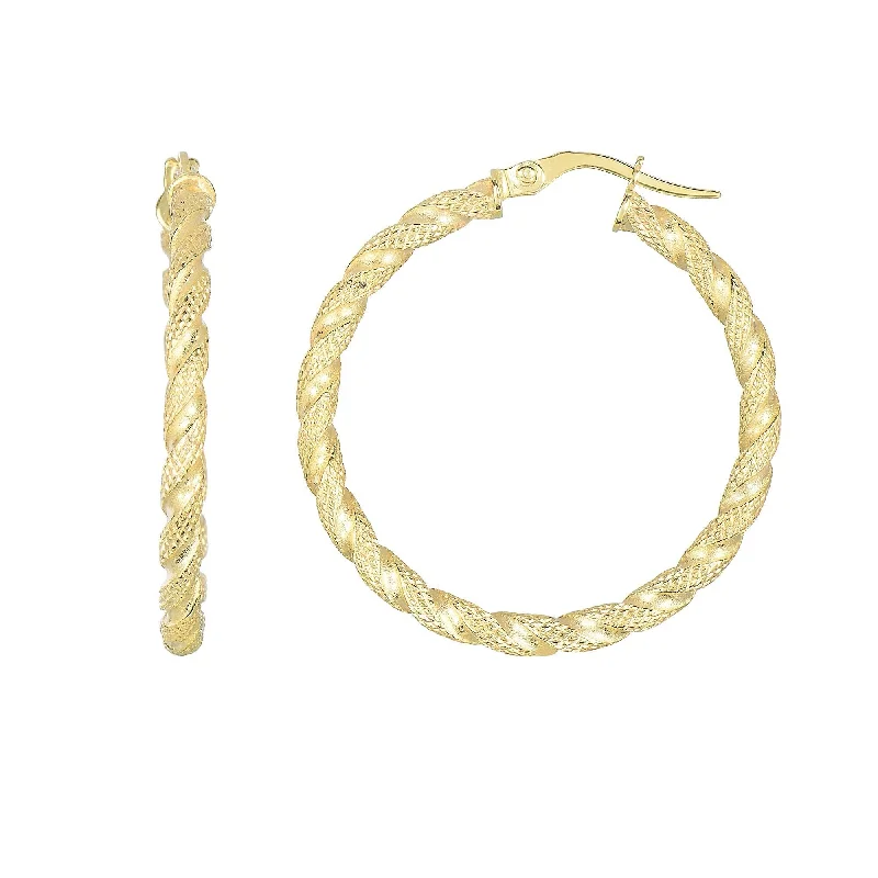 14K Yellow Gold Spiral Twist Diamond-Cut Hoop Earrings, Textured Rope Style Hoop Earrings, 100% Real 14K Gold