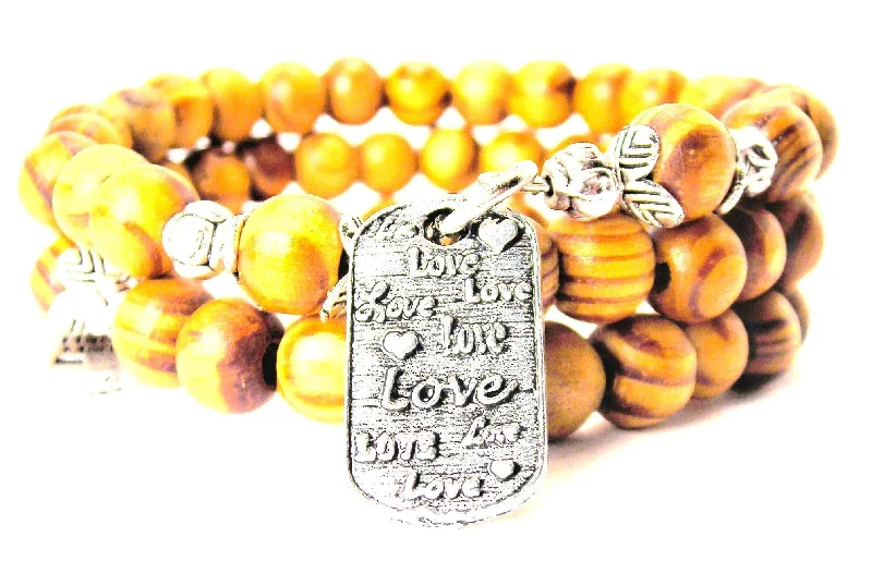 Love Love Love Dog Tag Natural Wood Wrap Bracelet