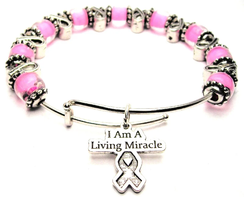 I Am A Living Miracle With Awareness Ribbon Beads 9mm Glass Beaded Bracelet