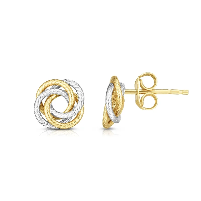 14K Two-Tone Gold 10MM Spiral Love Knot Stud Earrings, Gold Stud Earrings for Women, 100% Real 14K Gold