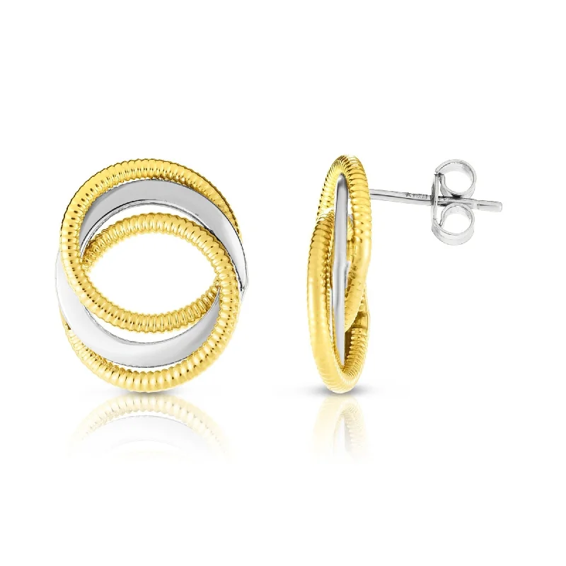 14K Two-Tone Yellow and White Gold Polished Spiral Round Stud Earrings, Interconnected Earrings, 100% Real 14K Gold