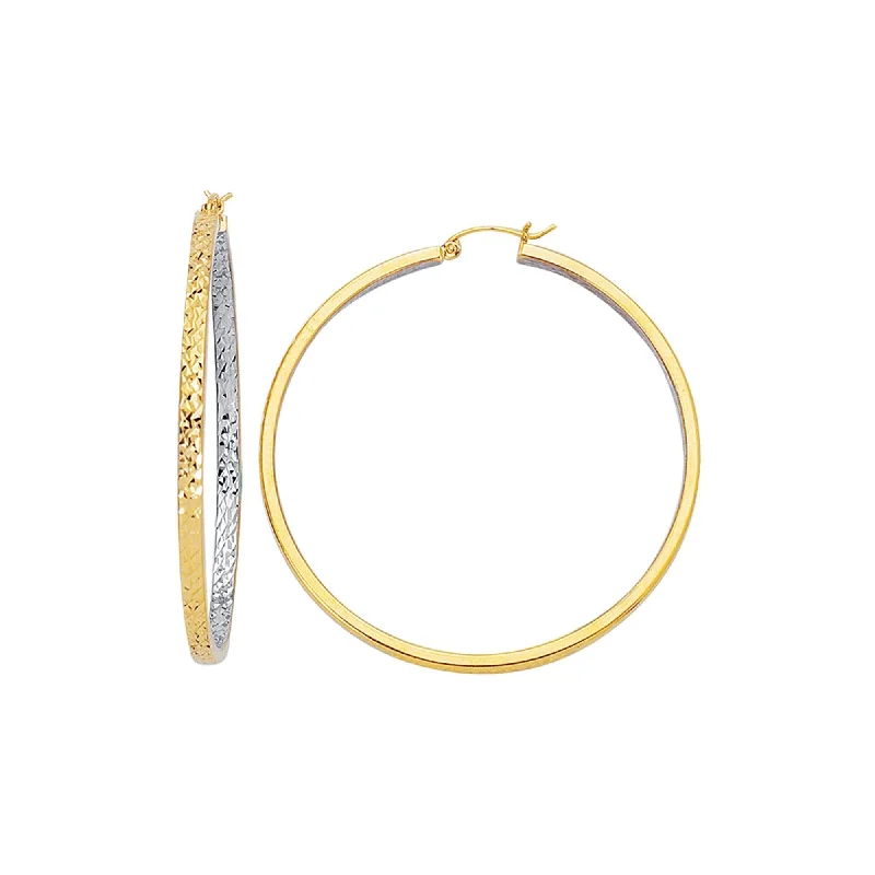 14K Two-Tone Yellow and White Gold 50MM Diamond-Cut Hoop Earrings, Textured Gold Hoop Earrings for Women, 100% Real 14K Gold