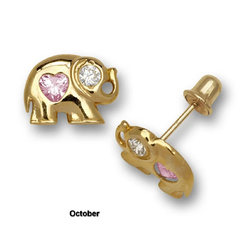 14K Yellow Gold Cubic Zircornia Lucky Elephant Birthstone Screw-back Stud Earrings (12 colors) (8mmx7mm)