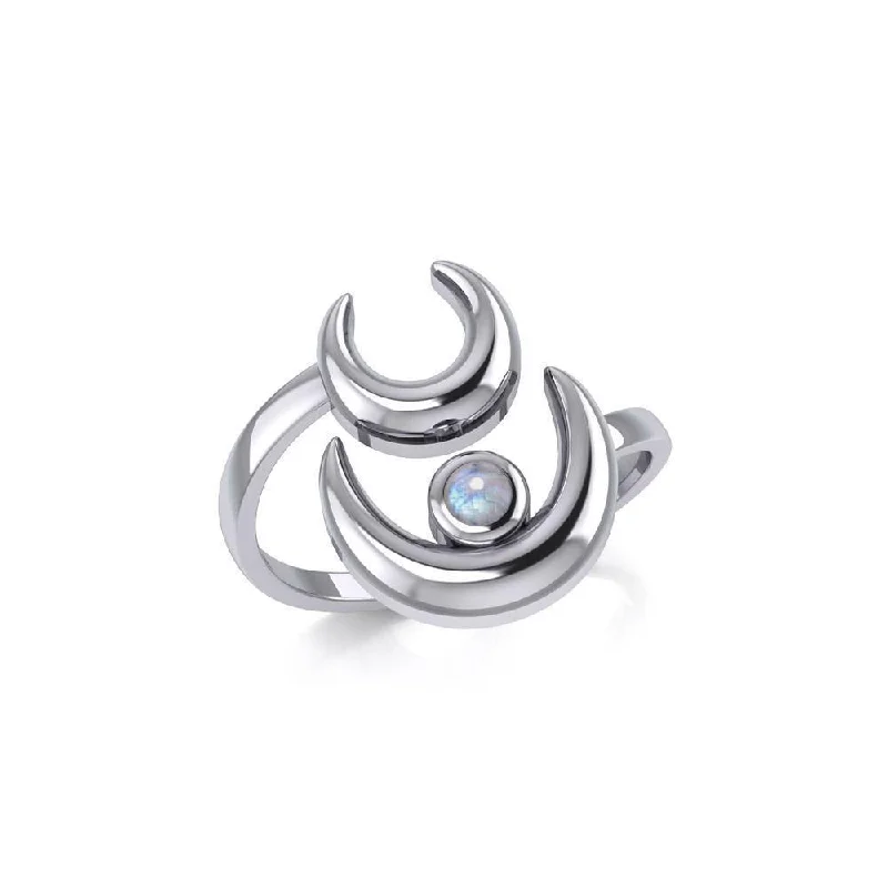 Double Crescent Moon Wrap Sterling Silver Ring with Gemstone TRI1892