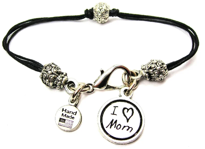 I Love Mom Child Handwriting Beaded Black Cord Bracelet