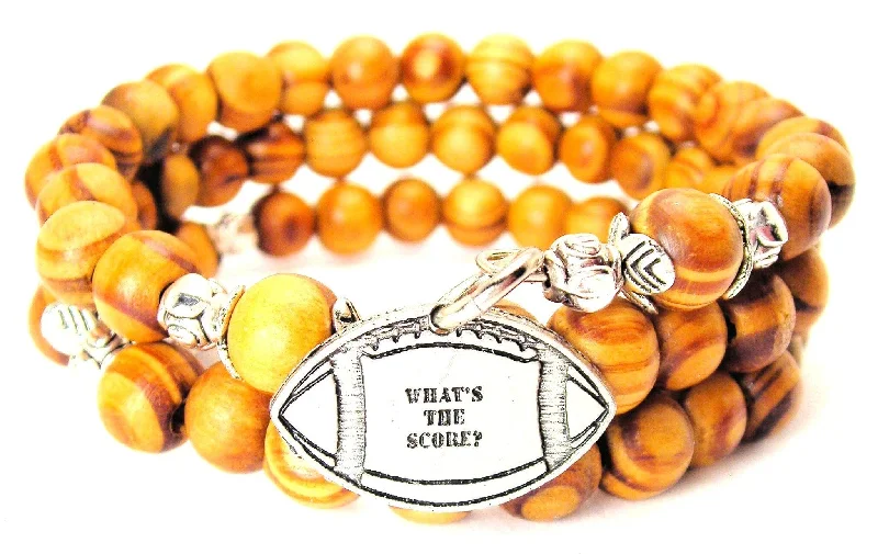 Football Shaped What's The Score Natural Wood Wrap Bracelet