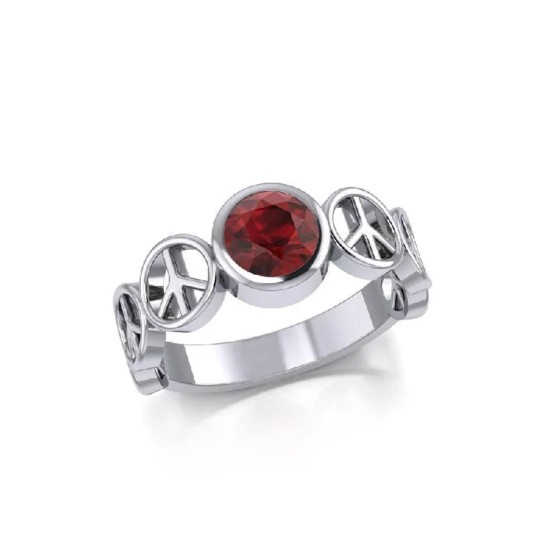 Peace Symbol Sterling Silver Band Ring With Gemstone TRI1916