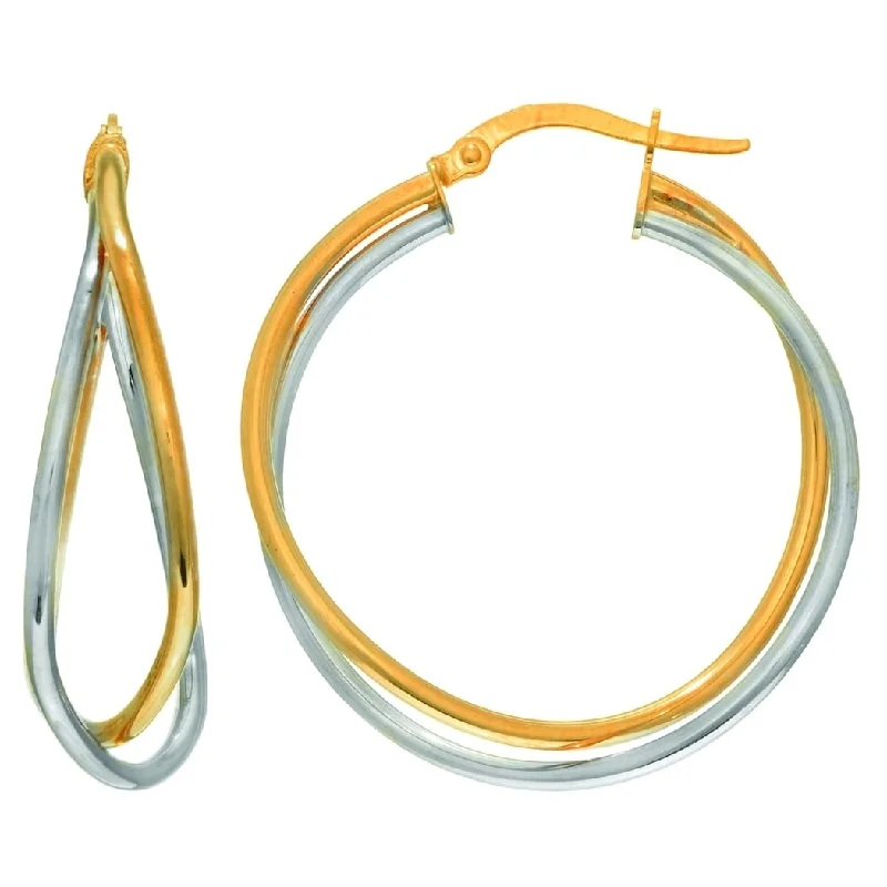 Curata 14k Two-tone Gold 32mm Double Row Crossover Hoop Earrings