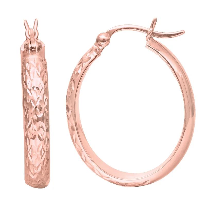 14K Rose Gold Diamond-Cut Sparkle Oval Hoop Earrings, Textured Gold Hoop Earrings for Women, 100% Real 14K Gold