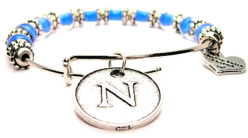 Initial N Circle 9mm Glass Beaded Single Bracelet