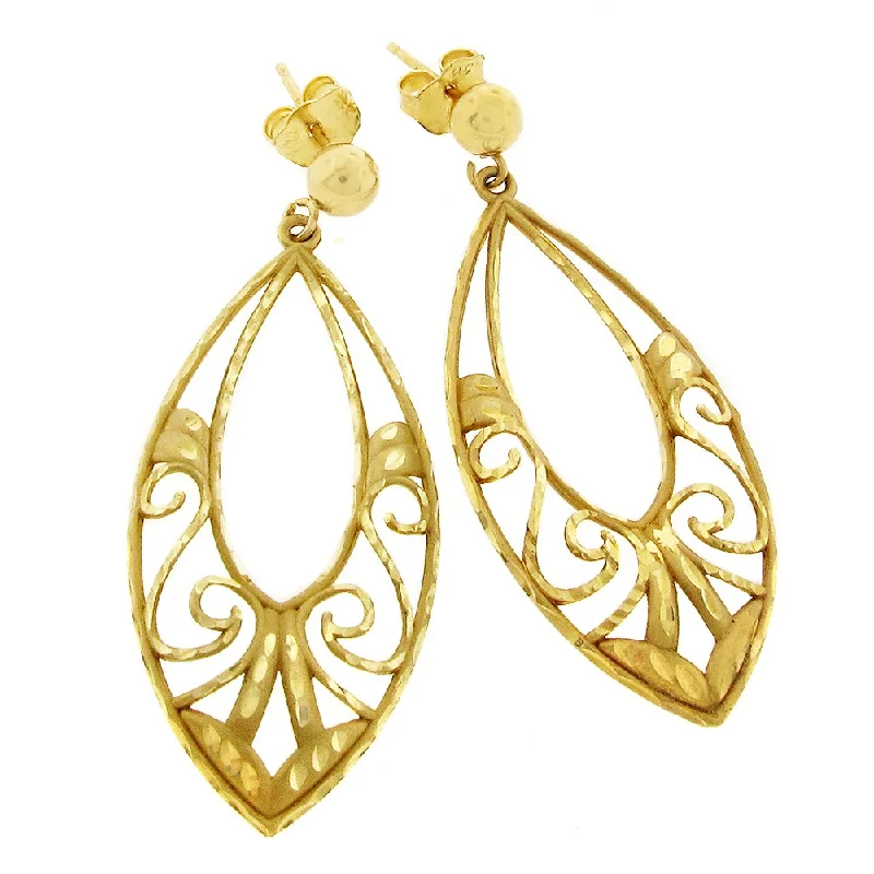 14k Yellow Gold Diamond Cut Tear Drop Filigree Earrings