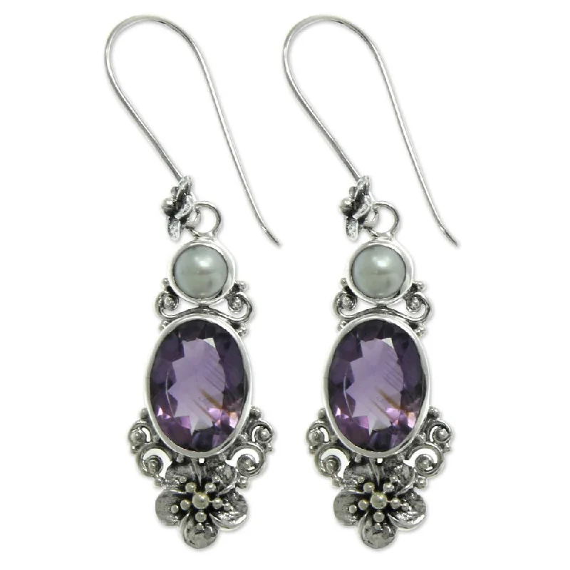 Handmade Queen of Flowers Oval 11-carat Amethyst with Freshwater Pearls Set in 925 Sterling Silver Dangle Earrings (Indonesia)