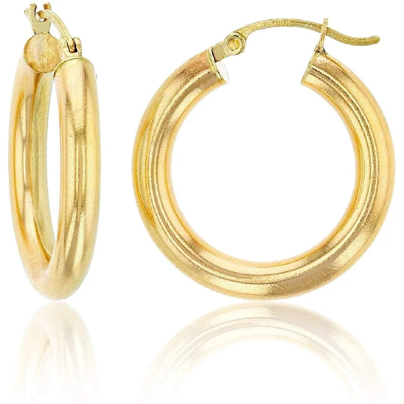 14K Yellow Gold 4MM Polished Round Tube Hoops Earrings, All Sizes, Classic Gold Hoop Earrings for Women, 100% Real 14K Gold