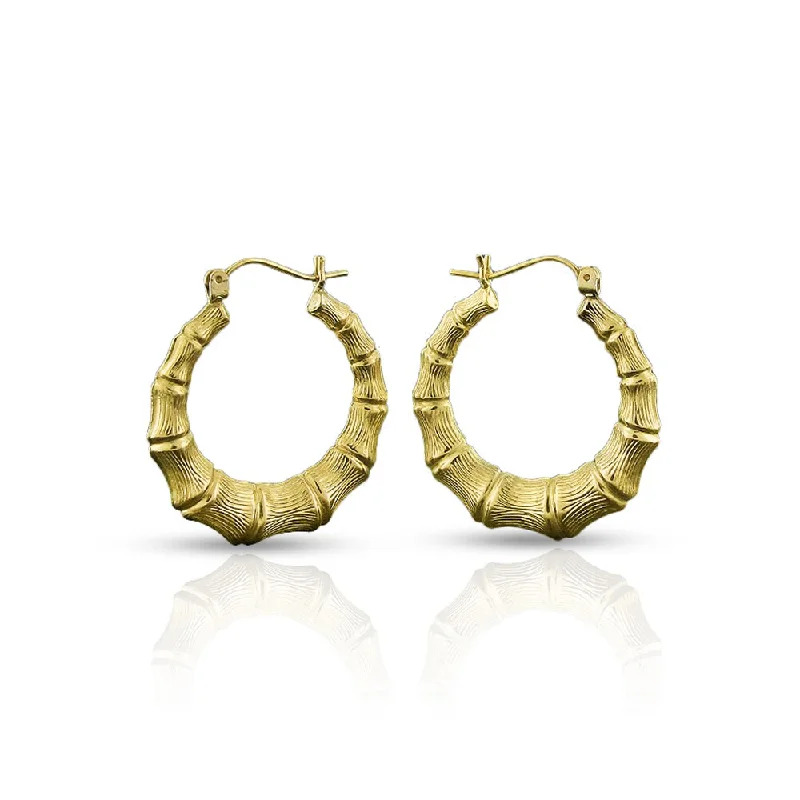 10k Yellow Gold Womens Fancy Bamboo Door Knocker Hoop Earrings