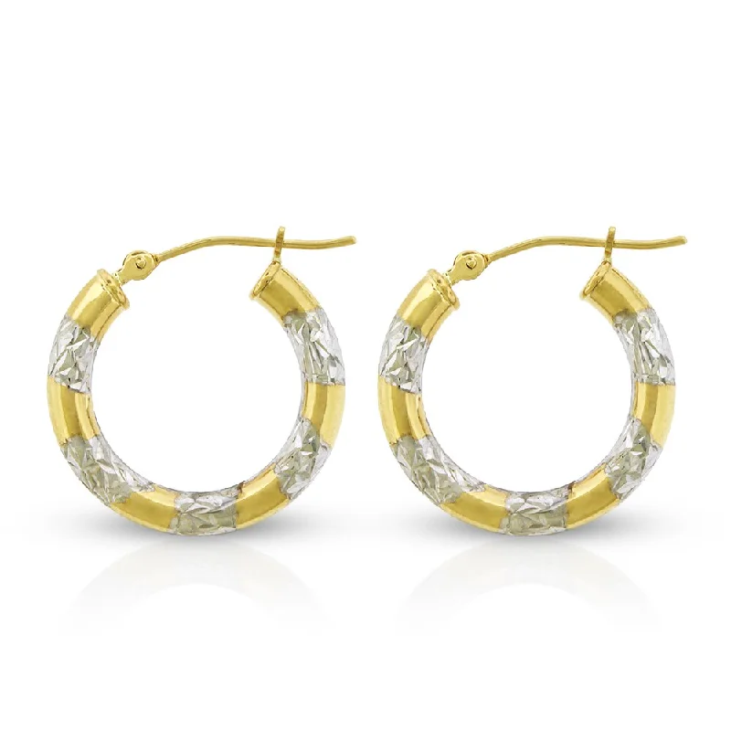 14k Yellow Gold Womens Fancy Diamond Cut Two Tone Tube Hoop Earrings