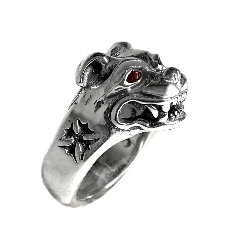 Small Dog Head Ring with Gemstone Eyes