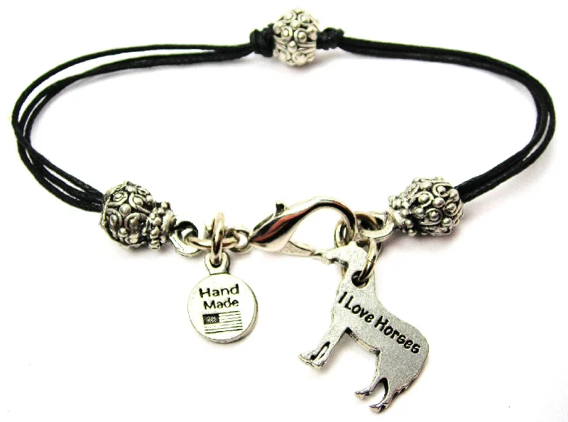 I Love Horses Beaded Black Cord Bracelet