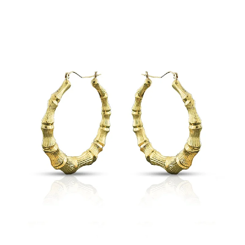 10k Yellow Gold Womens Fancy Bamboo Door Knocker Hoop Earrings