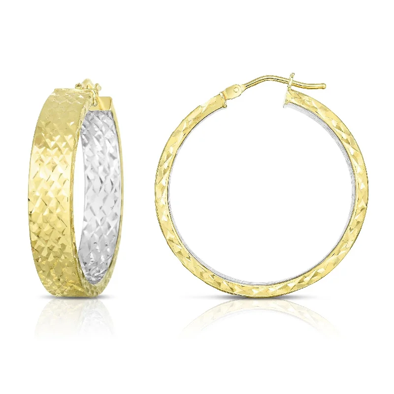 14K Two-Tone Yellow and White Gold Diamond-Cut Hoop Earrings, Textured Gold Hoop Earrings for Women, 100% Real 14K Gold