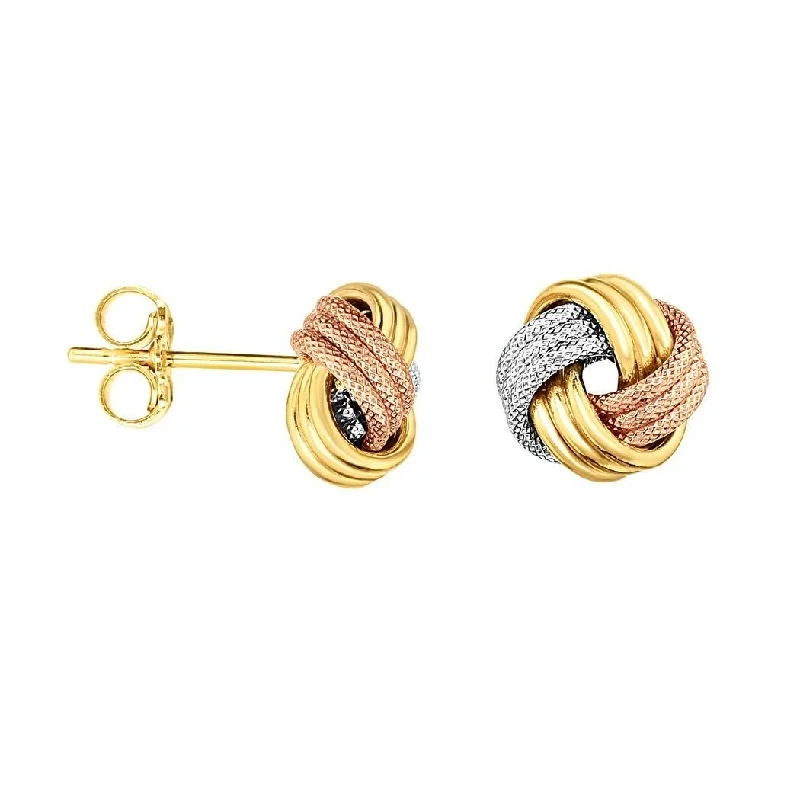 Curata 14k Tri-color Gold 9mm Textured Three-row Love Knot Earrings