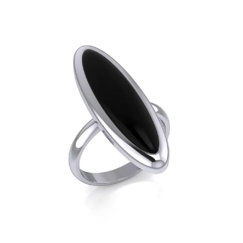 Modern Long Oval Inlaid Silver Ring TRI513