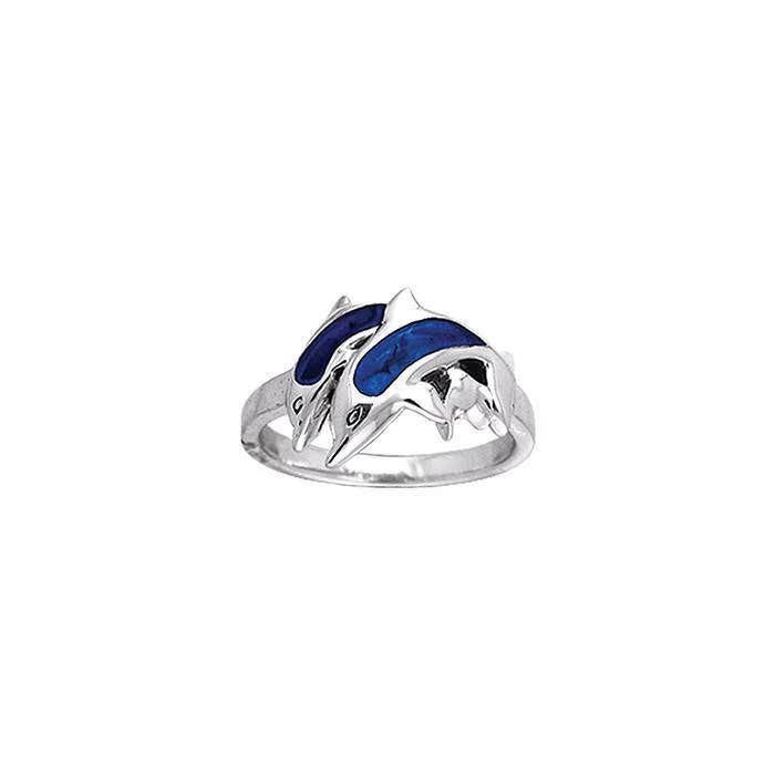 Silver and Paua Shell Twin Dolphins Ring TRI250