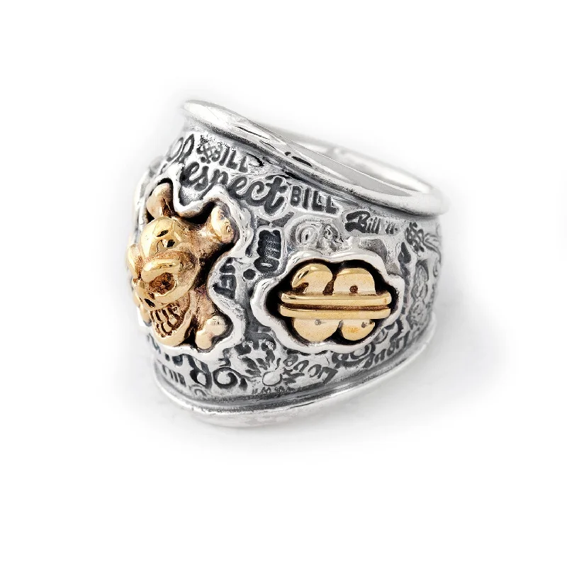 Graffiti Dome Ring with "SKULL & CROSSBONES" Top "HEART & $" Tag