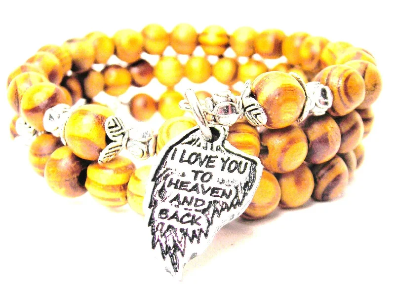 I Love You To Heaven And Back Angel Wings Natural Wood Wrap Bracelet