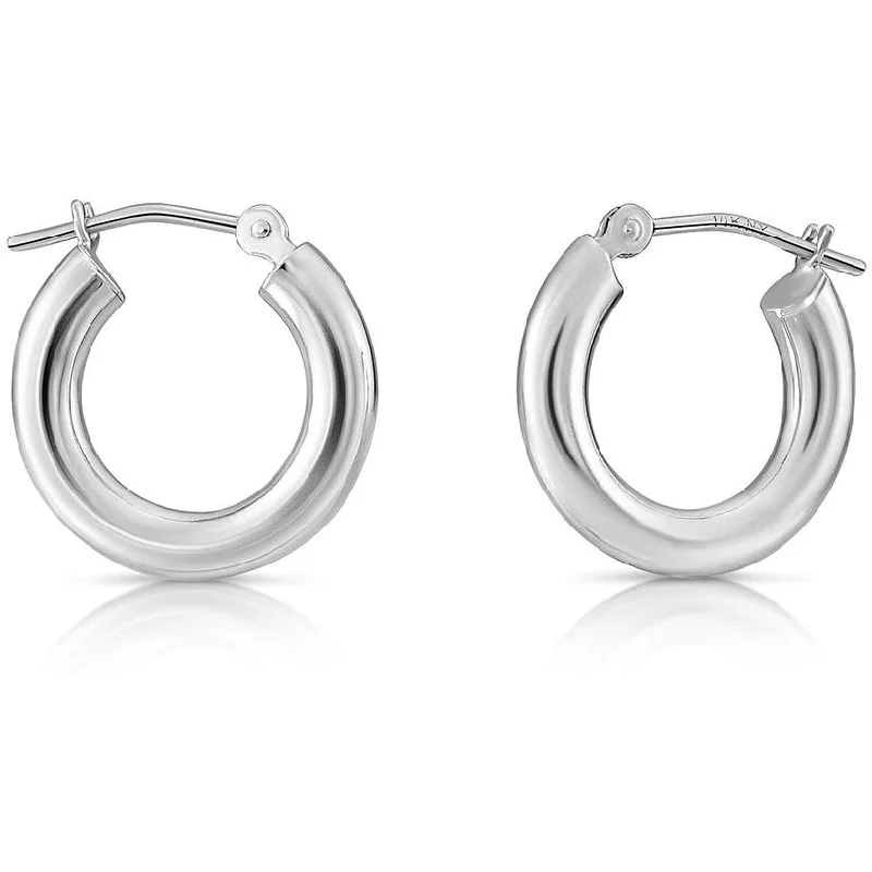 14K White Gold 3MM Polished Round Tube Hoops Earrings, All Sizes, Classic White Gold Hoop Earrings for Women, 100% Real 14K Gold