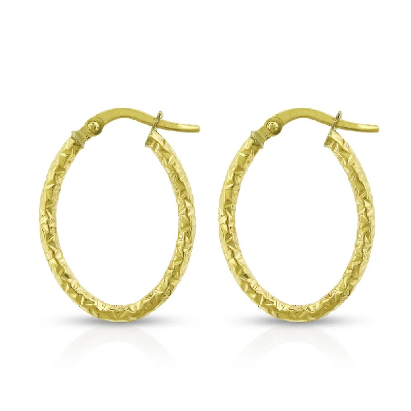 14k Yellow Gold Women's Fancy Oval Diamond-cut Hammered Tube Hoop Earrings