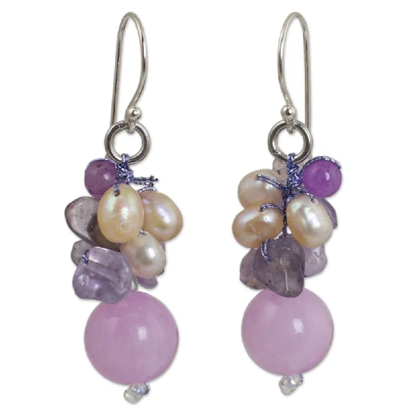 Handmade Silver 'Sweet Lavender' Pearl Multi-gem Earrings (4 mm) (Thailand) - 1.6*0.4