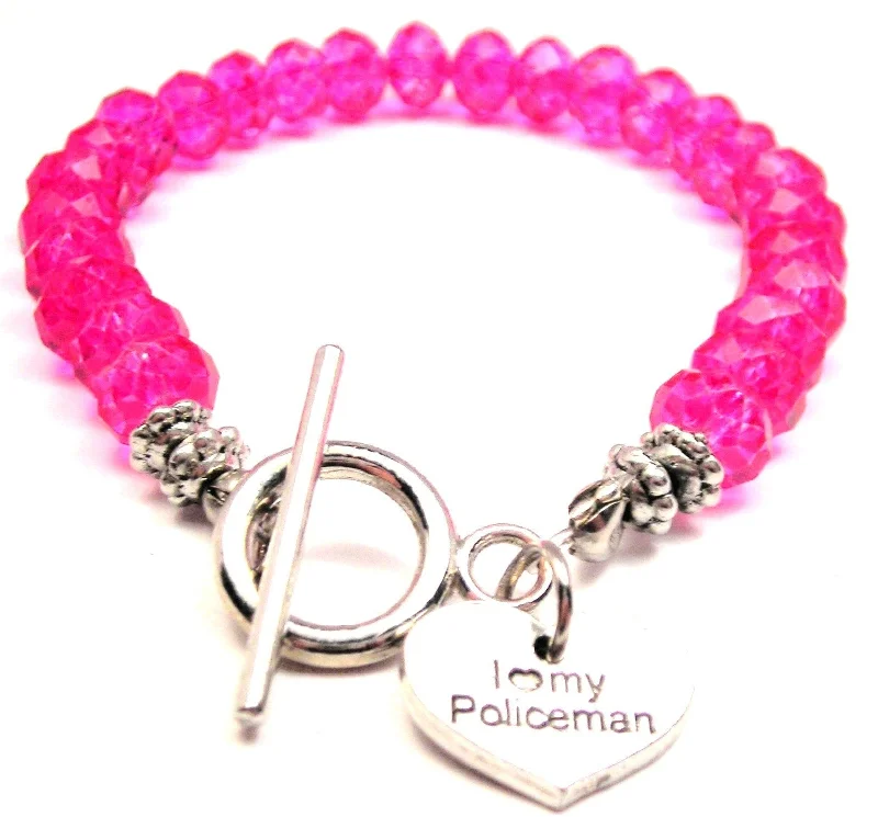 I Love My Policeman Accent Heart Crystal Beaded Toggle Style Bracelet