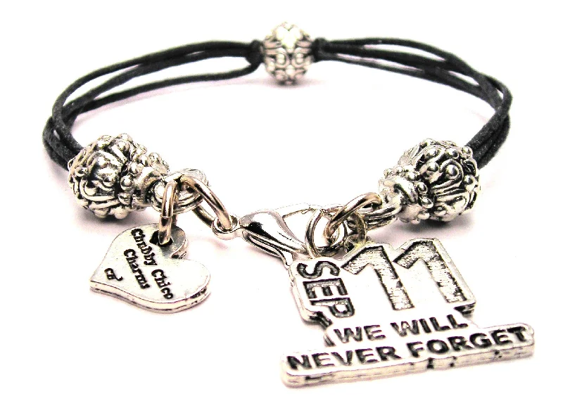 September 11 We Will Never Forget Beaded Black Cord Bracelet