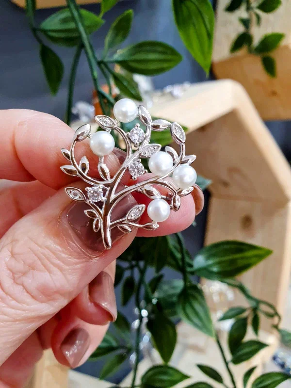 Sterling Silver Pearl and Cubic Zirconia Tree of Life Brooch