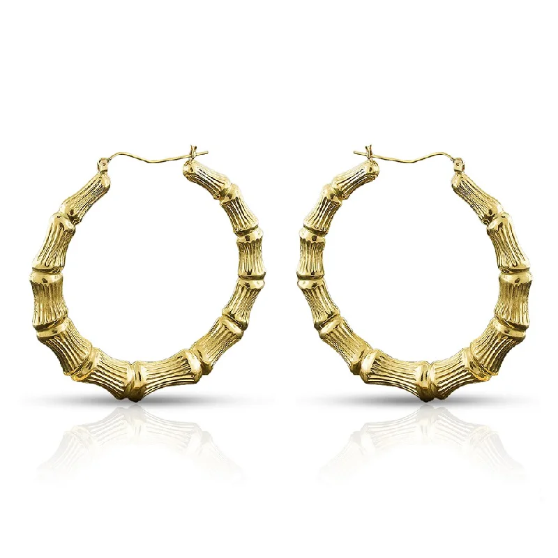 10k Yellow Gold Womens Fancy Bamboo Door Knocker Hoop Earrings