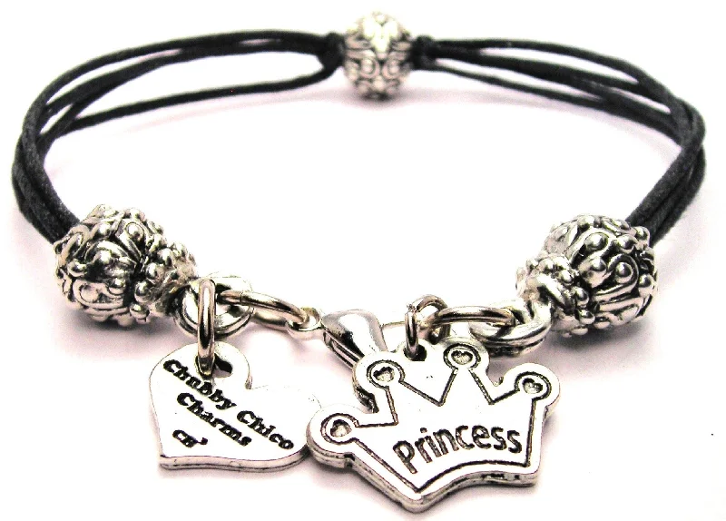 Princess With Crown Beaded Black Cord Bracelet